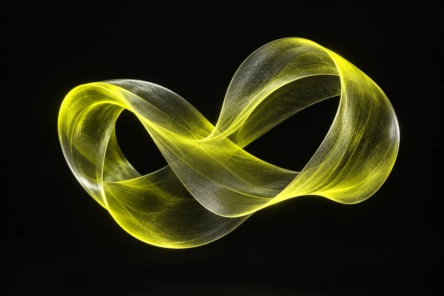 A luminous yellow ribbon, many delicate threads flowing as one continuous loop